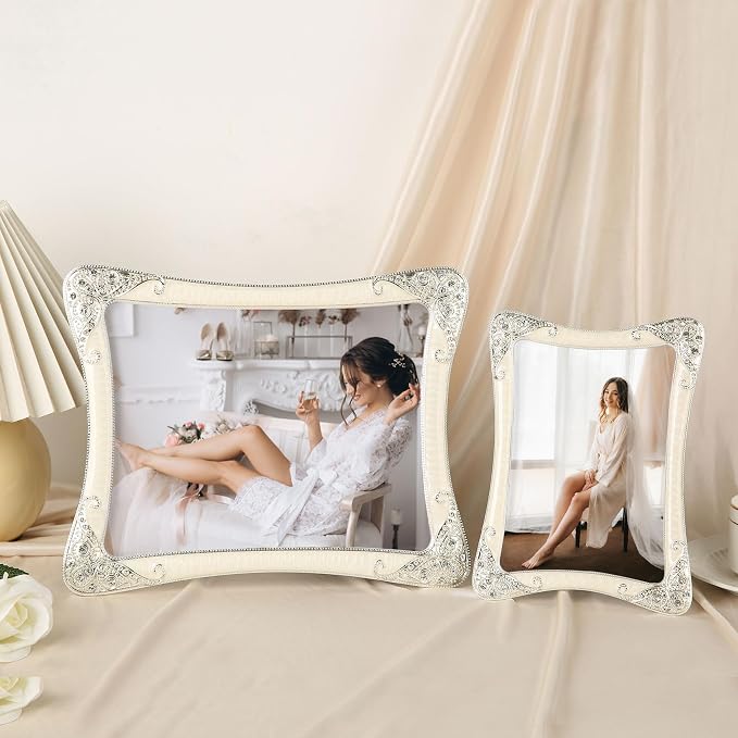 8x10 Vintage Metal White Picture Frame Silver Border Floral Fancy Antique Photo Frame Ornate Gold Frame Tabletop or Wall Art Display, Clear HD Glass Front, Wedding Frame Gifts for Couples Women