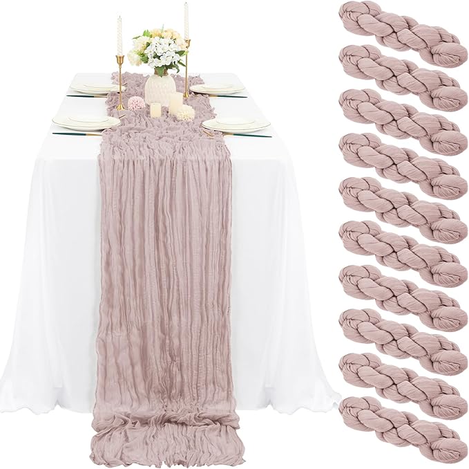 10 Pcs Dusty Pink Cheesecloth Table Runner 10FT, Gauze Table Runner for Wedding Reception Sheer Bridal Shower Birthday Party Boho Table Decoration, Rustic Romantic Wedding Runner