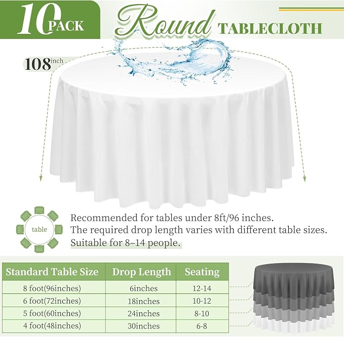 Pesonlook 10 Pack White Round Tablecloth 108 Inch, Waterproof Polyester Fabric Table Cloth for Round Tables, Stain Wrinkle Resistant Tablecloths Washable Table Cover for Wedding Dining Party Banquet