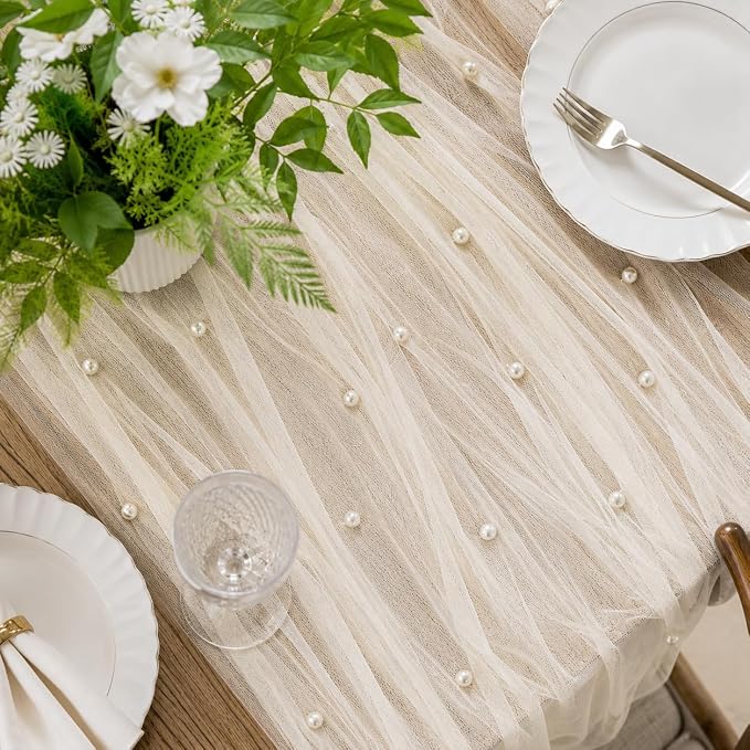 Pearl Beige Gauze Pearl Table Runner 120 Inch 10FT, Seasonal Sheer Dining Holiday Wedding Birthday Baby Shower Tulle Summer Table Decor for Home Party