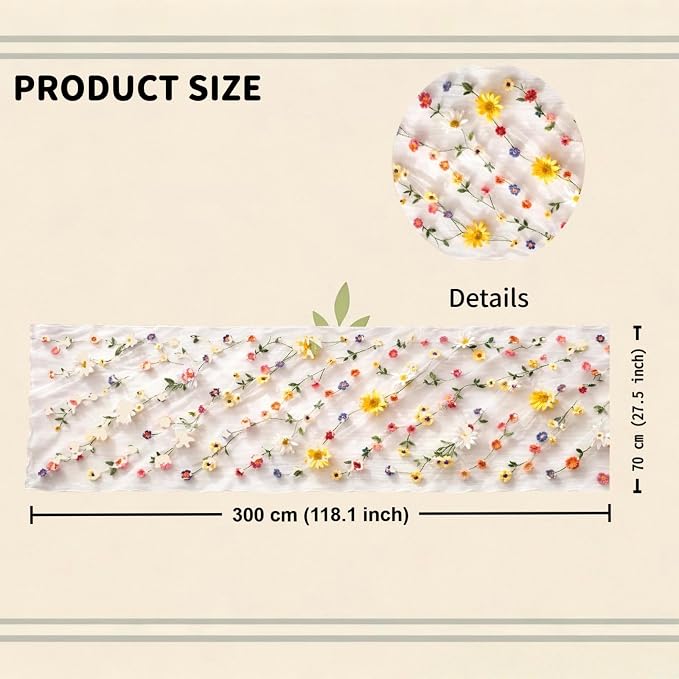 Floral Table Runner 30 x 120 Inch, 1 Pack Ivory White Embroidered Daisy Sheer Tulle Gauze Table Runner for Wedding, Birthday Tea Party, Home Dining Decor
