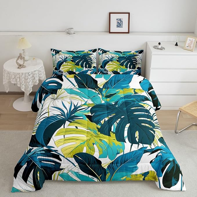jejeloiu Palm Leaf Comforter Set Full Size Kids Tropical Leaves Bedding Set for Boys Girls Summer Boho Botanical Branches Nature Theme Duvet Quilt Room Decor