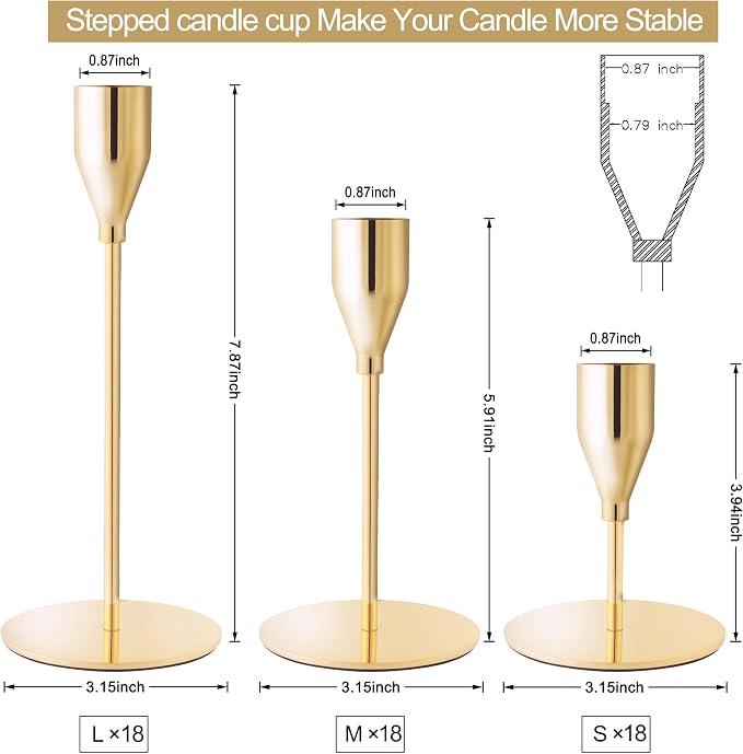 Taper Candle Holders,Tall Metal Candlestick Holders,French Gold,Set of 54,Three Heights,Candle Stick Holder Bulk for Wedding Centerpiece Decoration,Dinning,Festival,Party or Home Decor ﻿