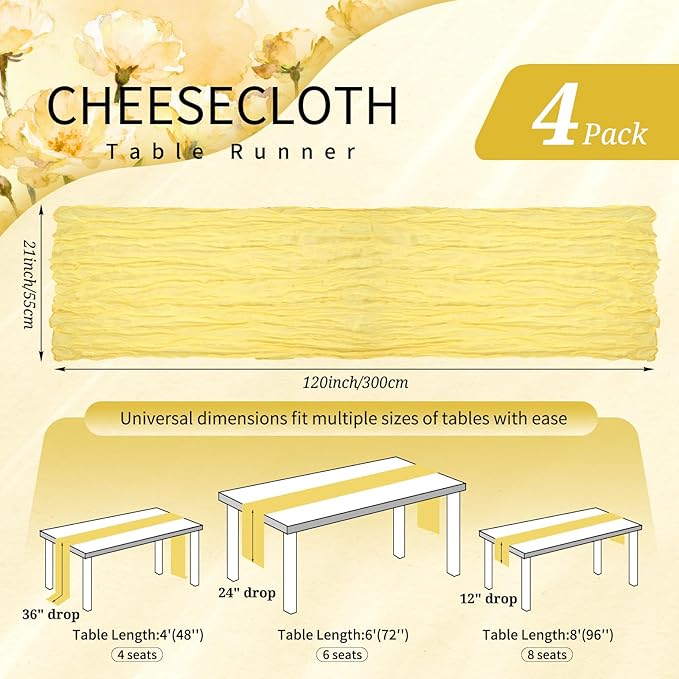 4 Pack Cheesecloth Table Runner 10FT Light Yellow Table Runner Boho Gauze Cheese Cloth Table Runners Long Rustic Sheer Table Decorations for Wedding Party Baby Bridal Shower Birthday Holiday Home