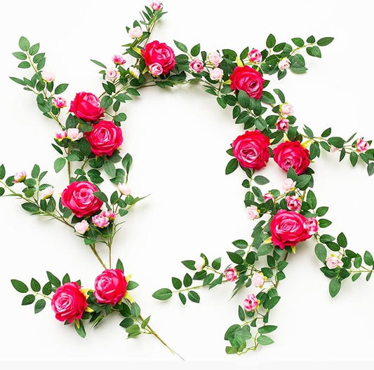 6FT Bendable Flower Garland, Artificial Rose Vine Hanging Floral Garland Decoration for Weding Home Room Wall Decor (Fuchsia, 1pcs)