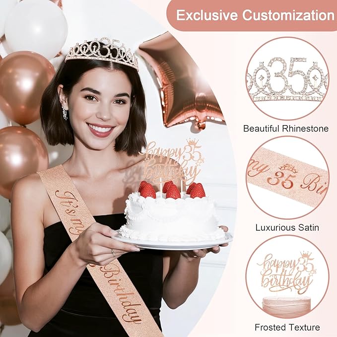 35th Birthday Decorations for Women, 52pcs Sweet Rose Gold Happy 35 Birthday Decorations Including 35th Rose Gold Crown, Sash, Banner, Background for 35 Party Decorations Set