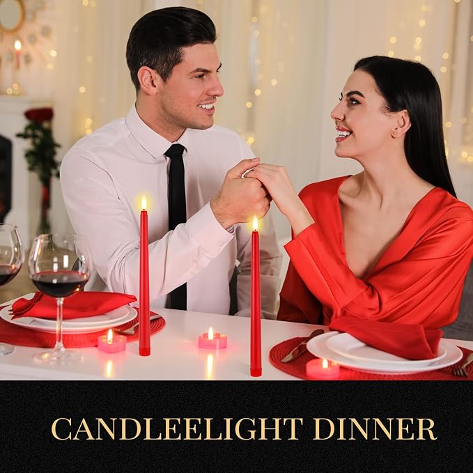 Macarrie 24 Packs Flameless Taper Candles Battery Operated Fake 11 Inch Long Candlelight LED Flameless Candlesticks Flickering Tapered for Summer Fall Wedding(Red)