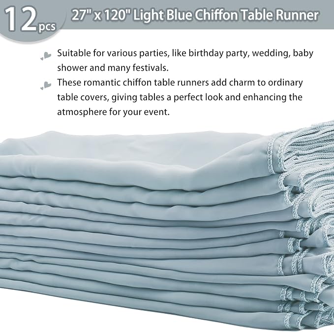 Fivenl 12 Pack Chiffon Table Runner - 27 x 120 Inches Sheer, Romantic for Wedding, Birthday, Party & Shower Decoration (Light Blue)