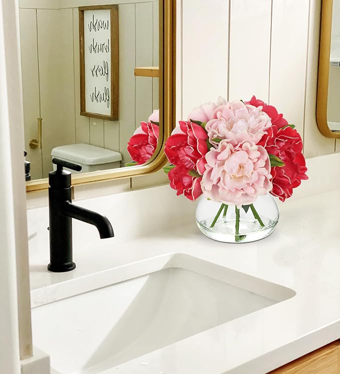 Hollyone Peonies Artificial Flowers with Vase Hot Pink Faux Flowers Peony Fake Flowers Silk Flower Arrangements in Glass Vase with Faux Water for Home Decor Bathroom Table Centerpiece Decorations