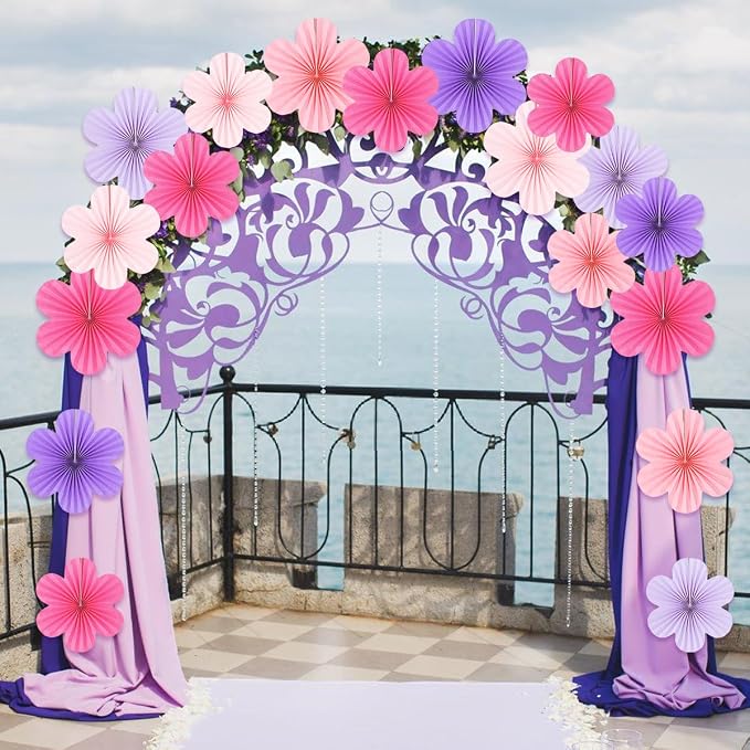 DODOKIM Paper Fans Party Decorations Paper Flowers Decorations for Wall Floral Backdrop Classroom Baby Shower Birthday Party Flower Wall Decor Pack of 18 Pink Purple