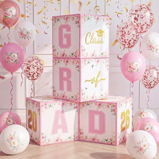 Qunclay 4 Pcs Pink Gold Floral Graduation Party Decorations Class of 2026 Floral Graduation Boxes Stackable Wildflower Congrats Grad Box for Pink Grad Theme Photo Prop Party Supplies