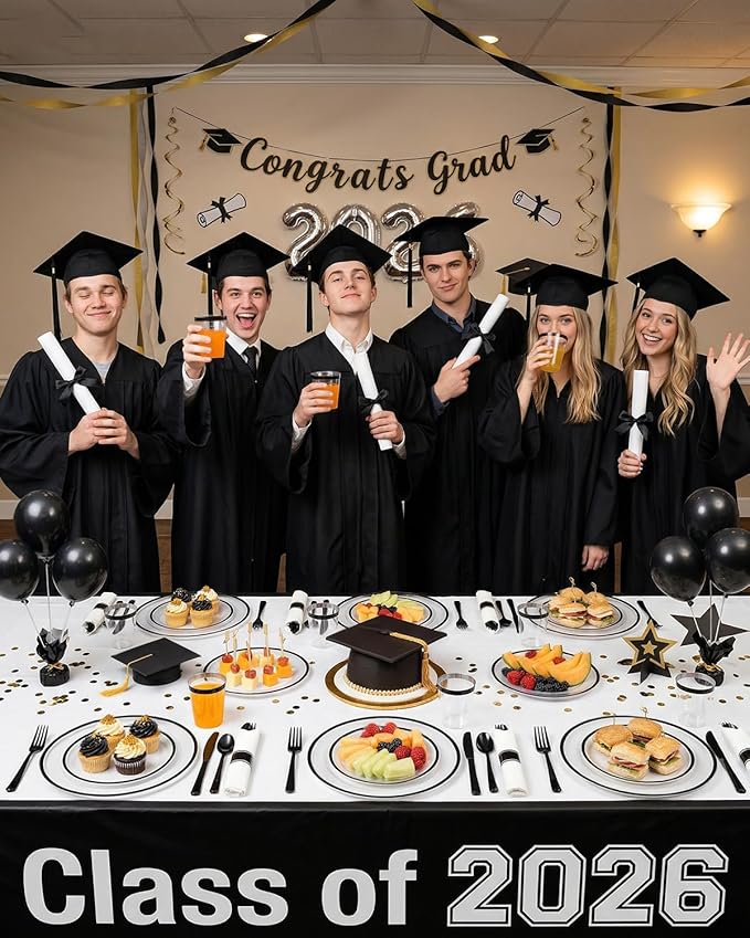 Goodluck 350 Piece Black Plastic Dinnerware Set for Party, Clear Disposable Plates for 50 Guests, Includes 100 Plates, 50 Pre Rolled Napkins with Cutlery Set, 50 Cups, for Graduation Party, Wedding