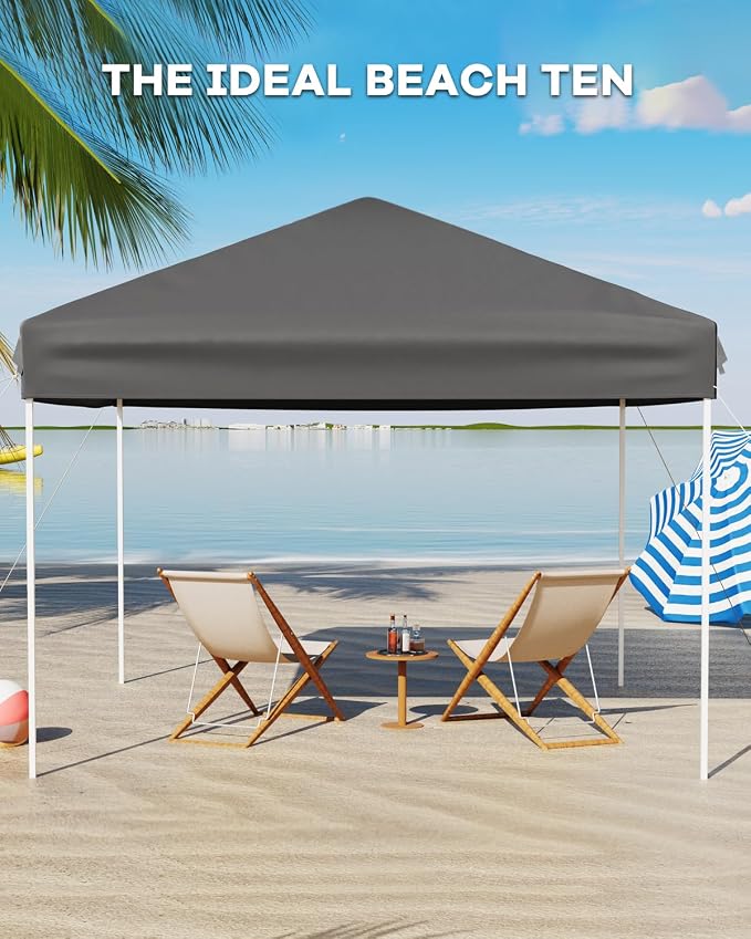 GarveeLife 10x10 Pop Up Canopy with One Sidewalls Easy Up Camping Tent with One Button Push Setup 1 Roller Bag 3 Adjustable Height 4 Weight Bags (New Grey, 10x10 + 1 Sidewall)