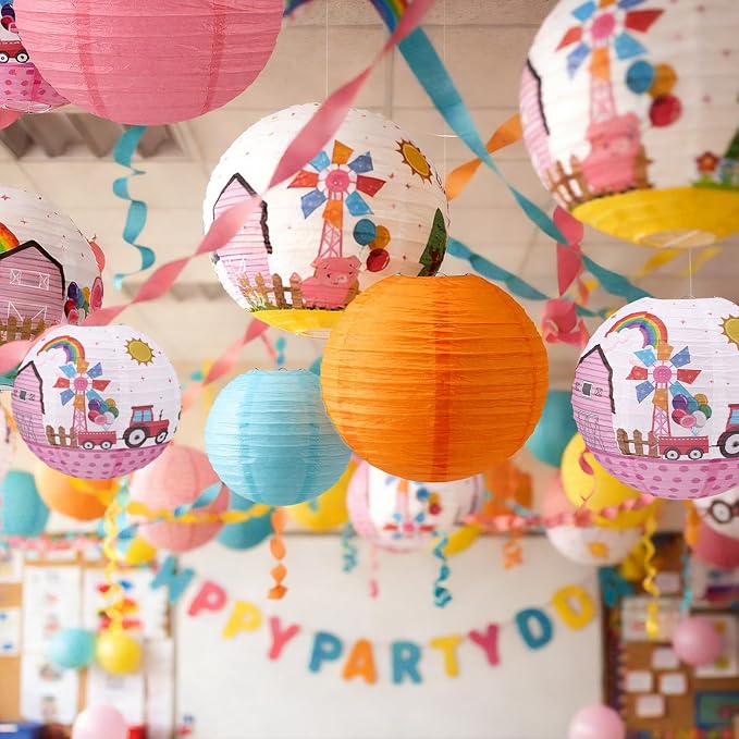 Weysat 12pcs Farmhouse Hanging Paper Lanterns Farm Pig Theme Party Lantern Decorations Birthday Party Supplies for Birthday Shower Classroom Home Decor Supplies