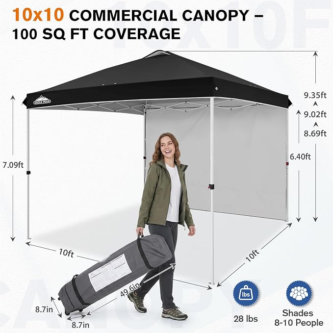 EAGLE PEAK Commercial Canopy 10x10 Pop Up Canopy Tent with 1 Sidewall, Easy Setup Heavy Duty Instant Event Shelter for Vendors & Markets, Outdoor Sun Shade, Black