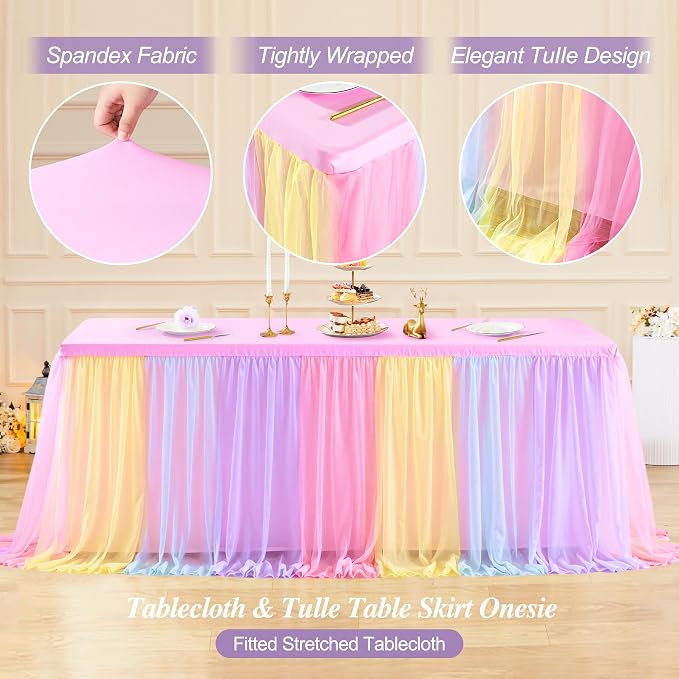 2-in-1 Rainbow Tablecloths with Tulle Table Skirt for 8 Foot Rectangle Tables, Party Ruffle Tutu Table Skirt Stretch Fitted Covers for Wedding Reception Birthday Baby Shower Celebration Banquet Event
