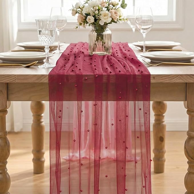 Artoid Mode 3PCS Pearl Burgundy Gauze Table Runner 120 Inch 10FT, Seasonal Sheer Dining Holiday Wedding Birthday Baby Shower Table Decor for Home Party