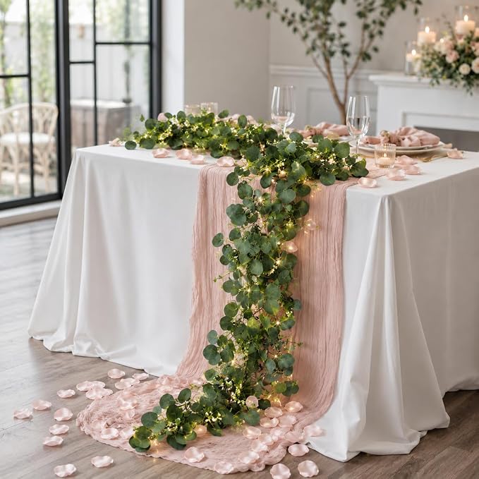Cinrobiye 11PCS Boho Cheesecloth Table Runner Set 120'' Gauze Table Runner with Wrinkled Napkins Eucalyptus Garland and String Lights for Wedding Baby Shower Tea Party Table Decorations (Blush Pink)