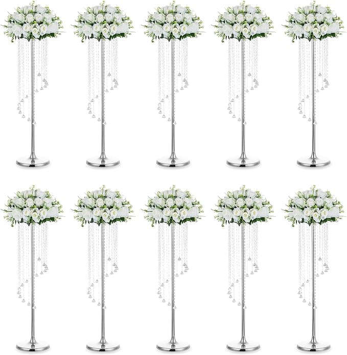 Nuptio Wedding Centerpieces Silver Vases: 10 Pcs 35.4in Tall Crystal Flower Vase Metal Flowers Stand for Party Tables Decorations - Elegant Bulk Weddings Decoration Table Chandelier Centerpiece stands