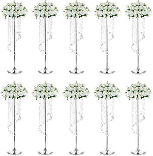 Nuptio Wedding Centerpieces Silver Vases: 10 Pcs 35.4in Tall Crystal Flower Vase Metal Flowers Stand for Party Tables Decorations - Elegant Bulk Weddings Decoration Table Chandelier Centerpiece stands