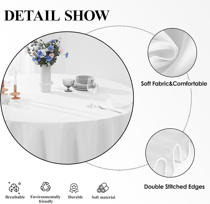 Round Tablecloth 132 Inch 1 Pack White Tablecloths Washable Decorative Linen Polyester Table Clothes Cover for Dining Table Banquets Buffet Parties and Wedding