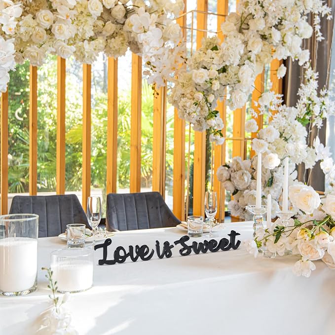 Love Is Sweet Table Decor Hollow Sign Wooden Love Is Sweet Sign for Dessert Table Freestanding Wood Is Wooden Letter Top for Wedding Shelf(Black)