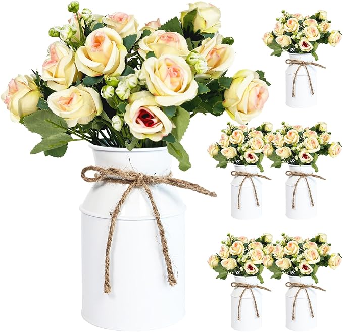 Farmhouse Artificial Rose Flowers with Metal Vase, Set of 6 Fake Rose Arrangements for Table, Faux Bouquets Wedding Centerpiece Decorations, Home Office Flower Decor (White Vase & Champaign Roses)