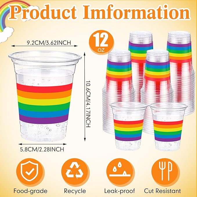 Jingmore 100 Pcs Rainbow Plastic Cups 12 oz Gay Pride Colorful Stripes Disposable Clear Plastic Drinking Cups for Rainbow Gay Pride LGBTQ Party Decorations Supplies