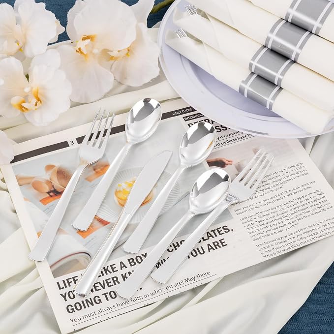 EI 60Pack Pre Rolled Silver Plastic Silverware Disposable Rolled Cutlery with Napkins,Sliver Plastic Wrapped Silverware Disposable Heavy Duty Perfect for Tea Party,Wedding,Spring,Valentine's Day