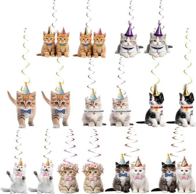 16PCS Pet Cat Hanging Paper Garland Banners,Double-Sided Thickened Cardstock Circle Dot Streamer, Anti-Tangle Pre-Strung Party Decorations for Birthday, Wedding, Baby Shower, Nursery Decor