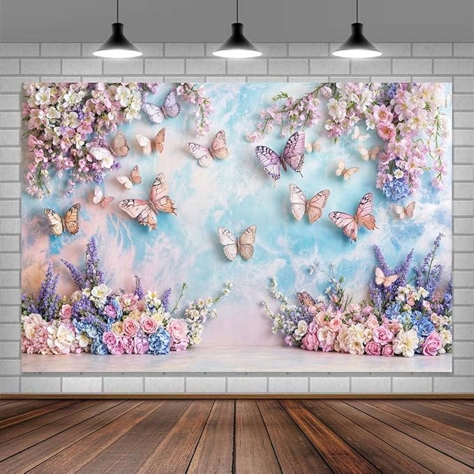 Purple Butterfly Floral Backdrop Elegant Flowers Photography Background for Girls Princess Butterfly Theme Birthday Baby Shower Events Party Decor Table Cake Photo Backdrops Photo Booth Prop