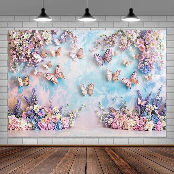 Purple Butterfly Floral Backdrop Elegant Flowers Photography Background for Girls Princess Butterfly Theme Birthday Baby Shower Events Party Decor Table Cake Photo Backdrops Photo Booth Prop