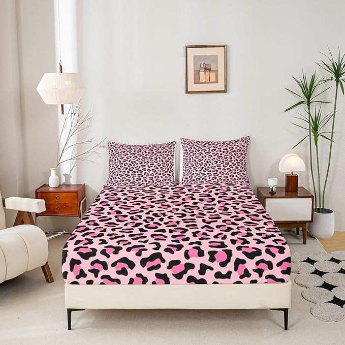 Castle Fairy African Cheetah Wildlife Fur Bed Sheet King Set,Wild Animal Skin Luxury Sheet Sets Adults Room Decoration,Pink Leopard Print Bedding Set with Flat,Fitted Sheet,2 Pillow Cases