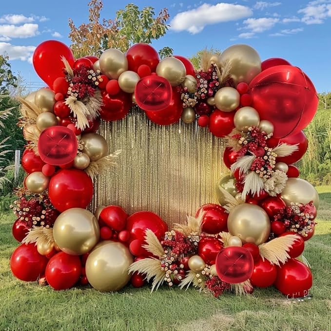 Red and Gold Balloon Garland Double Stuffed Ruby Red Gold Balloons Arch Kit With Mylar Balloon for Birthday Wedding Mother's Day Engagement Baby Shower Anniversary Party Decoration