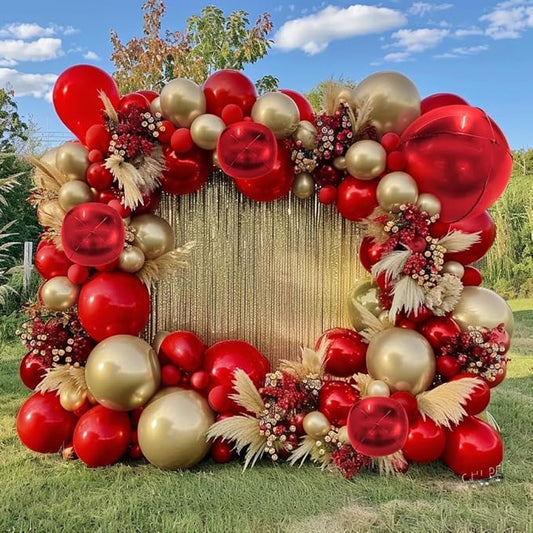 Red and Gold Balloon Garland Double Stuffed Ruby Red Gold Balloons Arch Kit With Mylar Balloon for Birthday Wedding Mother's Day Engagement Baby Shower Anniversary Party Decoration