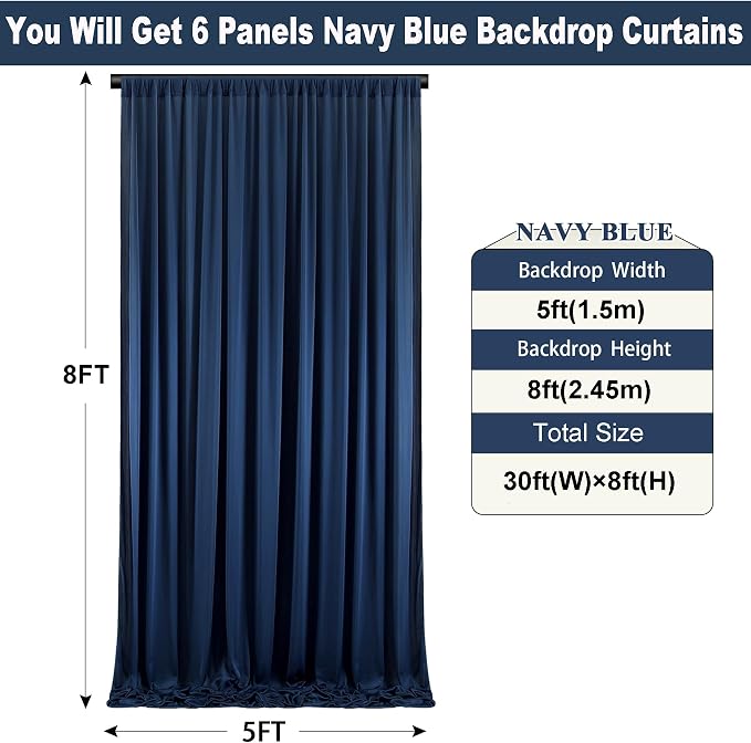 30ft×8ft Wrinkle Free Navy Blue Backdrop Curtains for Parties, 6 Panels 5ft×8ft Thick&Silky Polyester Navy Photo Backdrop Drapes Curtains for Graduation Party Baby Shower Birthday Wedding Photography