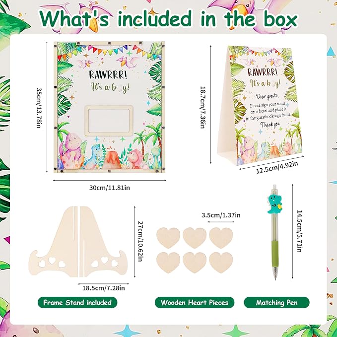 Dinosaur Baby Shower Decorations,Hatching Soon Baby Shower Guest Book Alternatives with Dinosaur Pen,Photo Frame and 60 Heart Wood Slices for 60 Guests,Its a Boy Gender Reveal Decorations
