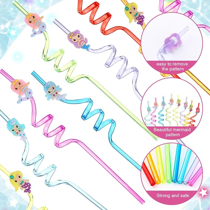 Maxcheck 24 Sets 16 oz Mermaid Party Favors Goodie Cups with Colorful Lids and Straws for Birthday Decorations Reusable Plastic Candy Cups Bulk Plastic Straws for Birthday Party Celebration Gifts