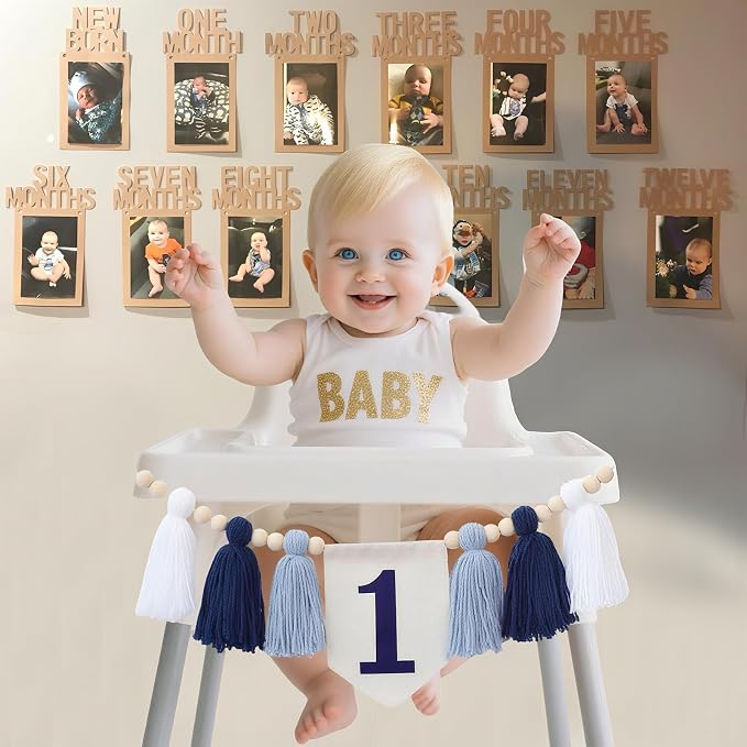 Handmade 1st Birthday High Chair Banner Birthday Decorations for Baby Boy with Garland Crown Hat Wild One Cake Topper Baby Photo Banner for Boy Wall Hangings Decorations(White)