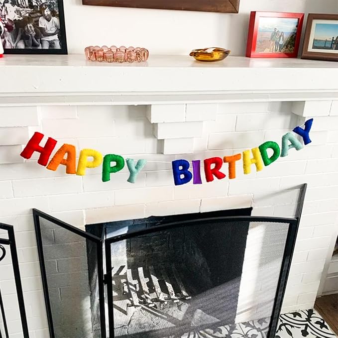 Pre-Strung Happy Birthday Banner - Felt Ball Garland, Rainbow Party Decorations, HAPPY BIRTHDAY Garland, Personalized Birthday Sign for Birthday Decor, Party Decor, Photo Prop (Rainbow Themed Happy Birthday Banner)