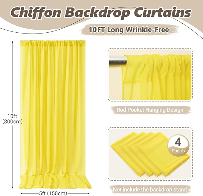 20ft x 10ft Yellow Backdrop Curtain Drapes, Wrinkle-Free Sheer Chiffon Fabric Photo Backgroud Panels for Wedding Arch Party Ceremony Stage Photography Decoration