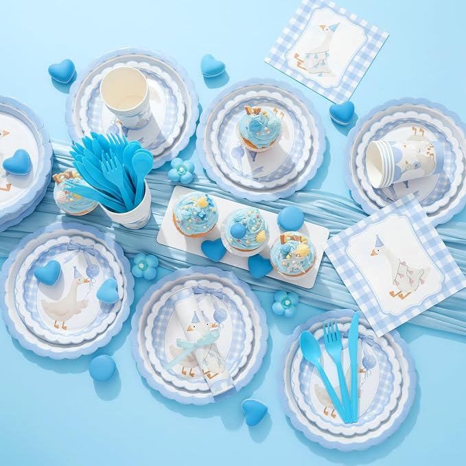 Zhehao 350 Pcs One Silly Goose Birthday Party Tableware Set Blue Bow Scalloped Baby Shower Plates Cup Napkins Forks for Birthday Party Decorations Supplies for 50 Guests