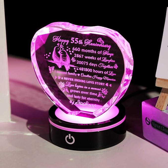 YWHL 55th Wedding Anniversary Crystal Heart Gifts for Couple Parents, Laser Engraved Romantic 55 Year Anniversary Crystal Keepsake Gifts for Wife Husband, 55 Years of Marriage Gifts for Her Him