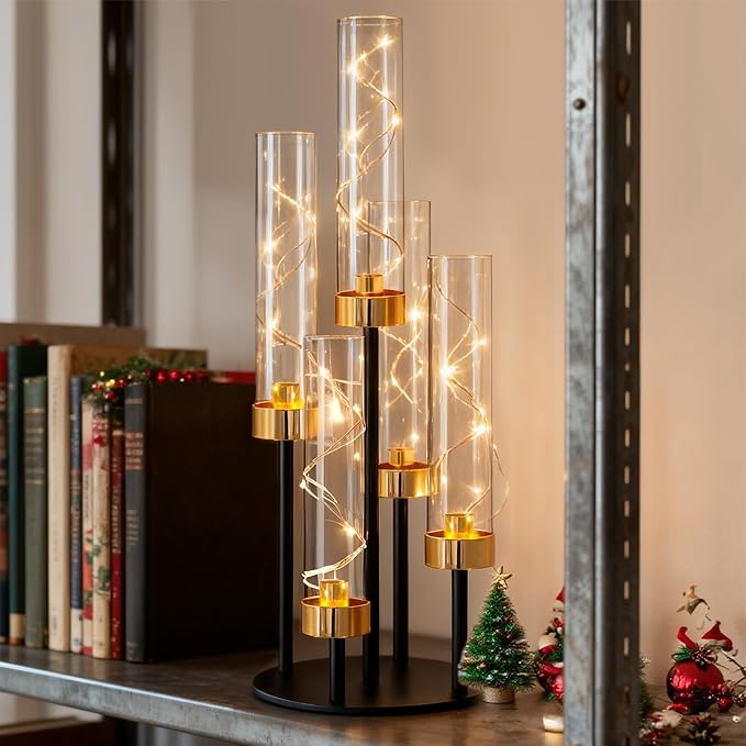 2 PCS 5-Arm Black+Gold Metal Table Candelabra Centerpiece, 22" Tall Clear Acrylic Candlesticks Holder with Shade for Valentines Day Events Party Table Centerpiece,Fit LED Candles
