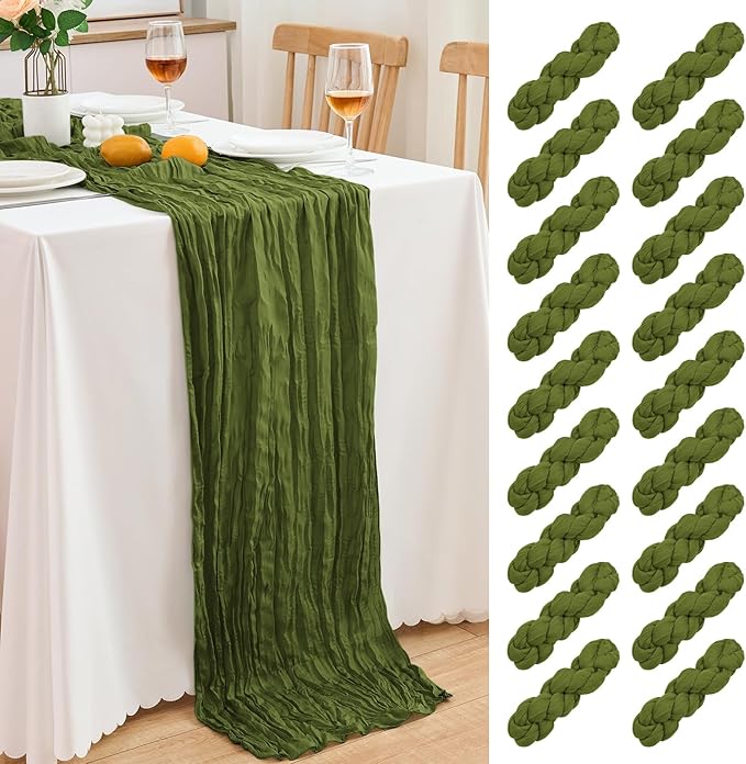 18 Pack Olive Green Cheesecloth Table Runner 21.5x120 Inch,Semi Sheer Boho Gauze Cheese Cloth Fabric Table Runners 10 FT Long for Wedding Party Baby Shower Birthday Home Decor