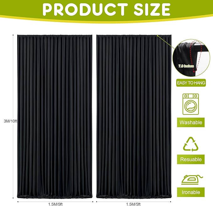 Wokceer Black Backdrop Curtain for Parties 10x10FT Photo Backdrop Drapes for Wedding Polyester Backdrop for Photoshoot Baby Shower Birthday Party Curtains Photography Background 2 Panels 5x10FT
