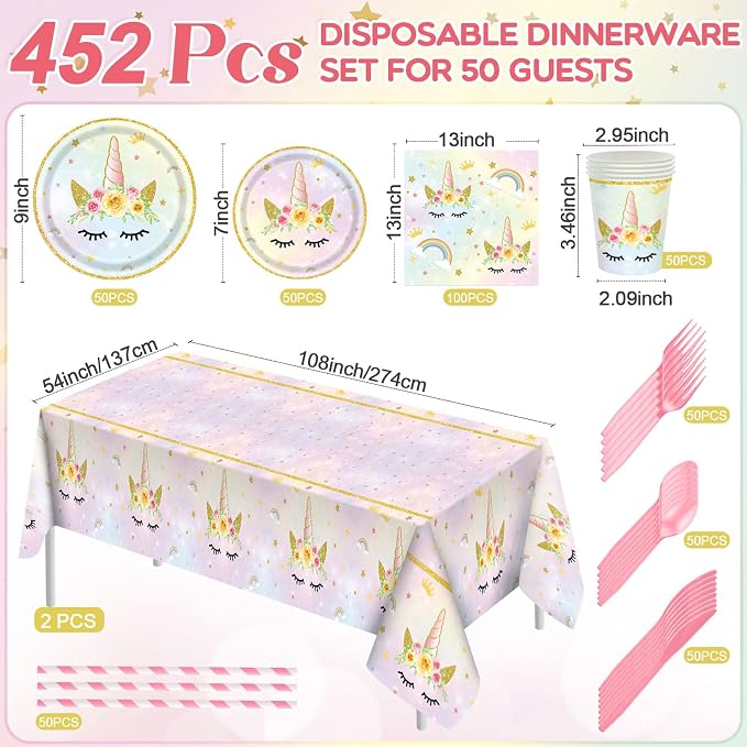 Funnymoom 452 Pcs Unicorn Themed Birthday Party Decorations Include Unicorn Paper Plates Napkins Cups Tablecloth Cutlery Straws Rainbow Pastel Theme Party Supplies for Birthday Decorations
