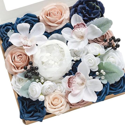 Ling's moment Artificial Flowers Box Set for DIY Wedding Bouquets Centerpieces Arrangements Party Baby Shower Home Decorations (Navy Blue)