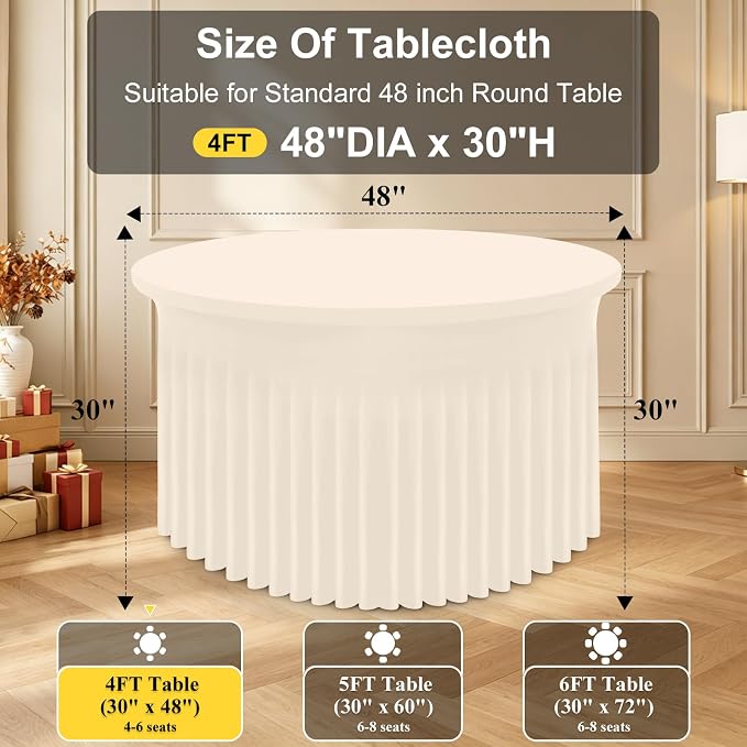 Smiry Round Spandex Tablecloth 2 Pack, Elastic Fitted Washable Tablecloths for 48 Round Tables, Waterpoof Stretch Table Cover Skirt for Outdoor, Wedding, Banquet & Parties, Beige