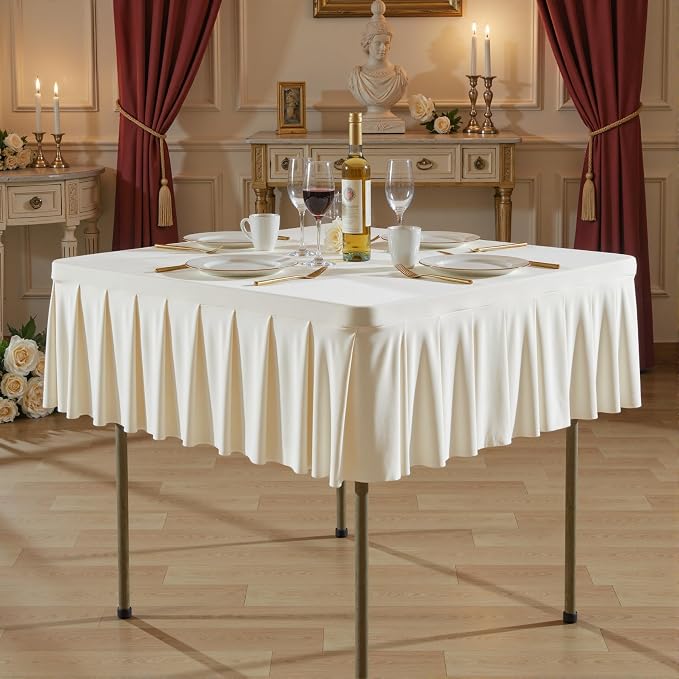 Shillance 34x34 Inch Ivory Spandex Square Tablecloth,Wrinkle Free Ivory Fitted Table Cloth for Square Tables,Washable Pleated Table Cover for Wedding Birthday Cocktail Party Buffet Dinner Camping